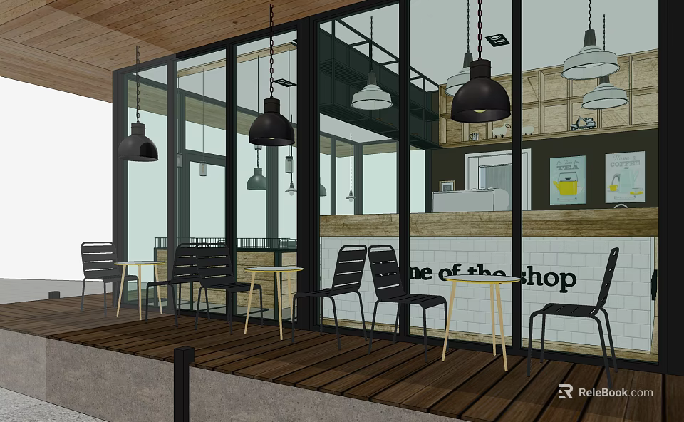 Modern Cafe Interior With Glass Walls Wooden Floor Black Pendant Lights And Bar Counter 3d model 