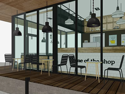 Modern Cafe Interior With Glass Walls Wooden Floor Black Pendant Lights And Bar Counter 3d model