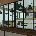 Modern Cafe Interior With Glass Walls Wooden Floor Black Pendant Lights And Bar Counter