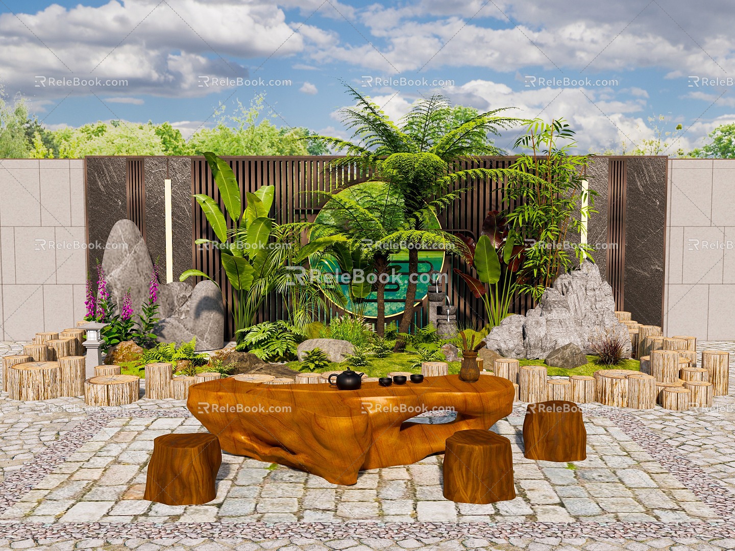 Modern landscape stone plant combination courtyard sketch stone rockery rubble root carving table and chair 3d model