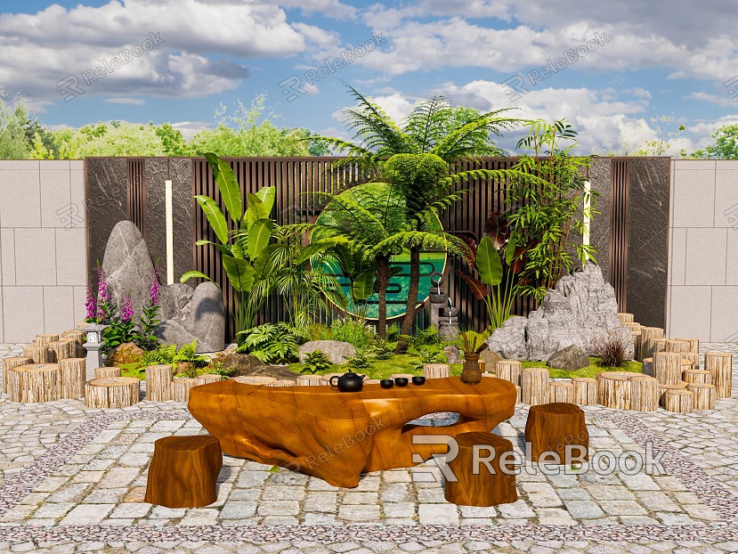 Modern landscape stone plant combination courtyard sketch stone rockery rubble root carving table and chair model