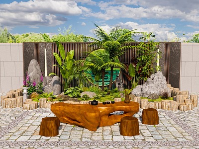 Modern landscape stone plant combination courtyard sketch stone rockery rubble root carving table and chair 3d model