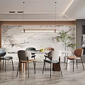 Elegant Modern Restaurant Interior With Marble Wall Dining Table Chairs Pendant Light And Greenery