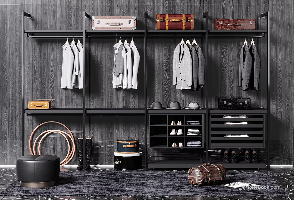 Organized Modern Wardrobe Interior With Hanging Clothes Suitcases Hats Drawers And Shoes 3d model 