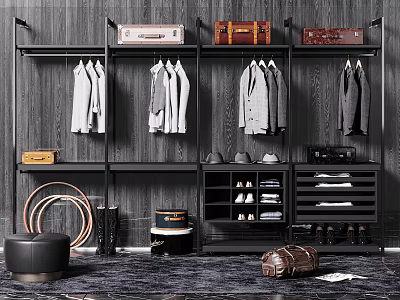 Organized Modern Wardrobe Interior With Hanging Clothes Suitcases Hats Drawers And Shoes 3d model