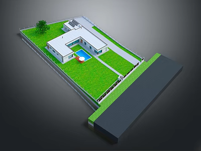 Cartoon Style Residential Scene With House Swimming Pool Green Lawn Tree And White Fence 3d model