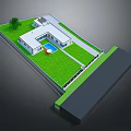 Cartoon Style Residential Scene With House Swimming Pool Green Lawn Tree And White Fence
