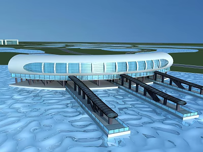 White Curved Waterfront Building With Modern Glass Windows And Connecting Walkways Over Water 3d model