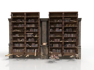 Vintage Tall Brown Bookshelves Filled With Books And Some Fallen On Floor 3d model