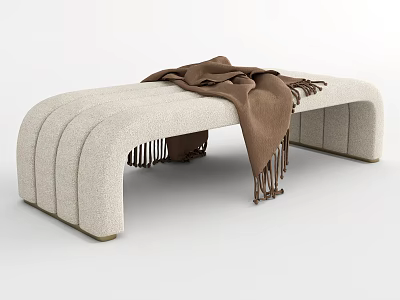 Stylish Beige Upholstered Footstool With Curved Design Brown Tassel Blanket 3d model