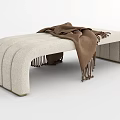 Stylish Beige Upholstered Footstool With Curved Design Brown Tassel Blanket