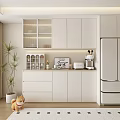 Modern White Kitchen Sideboard With Glass Door Cabinets Refrigerator And Decorative Plants