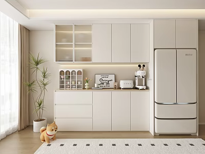 Modern White Kitchen Sideboard With Glass Door Cabinets Refrigerator And Decorative Plants 3d model