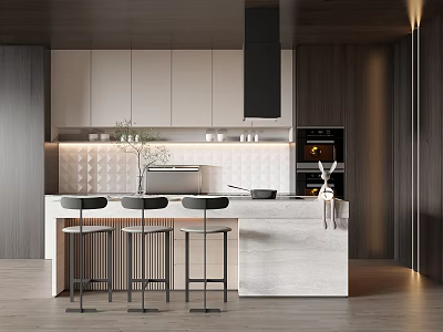 Modern Kitchen Interior Design With White Cabinets Marble Island Wooden Accents And Black Bar Stools 3d model