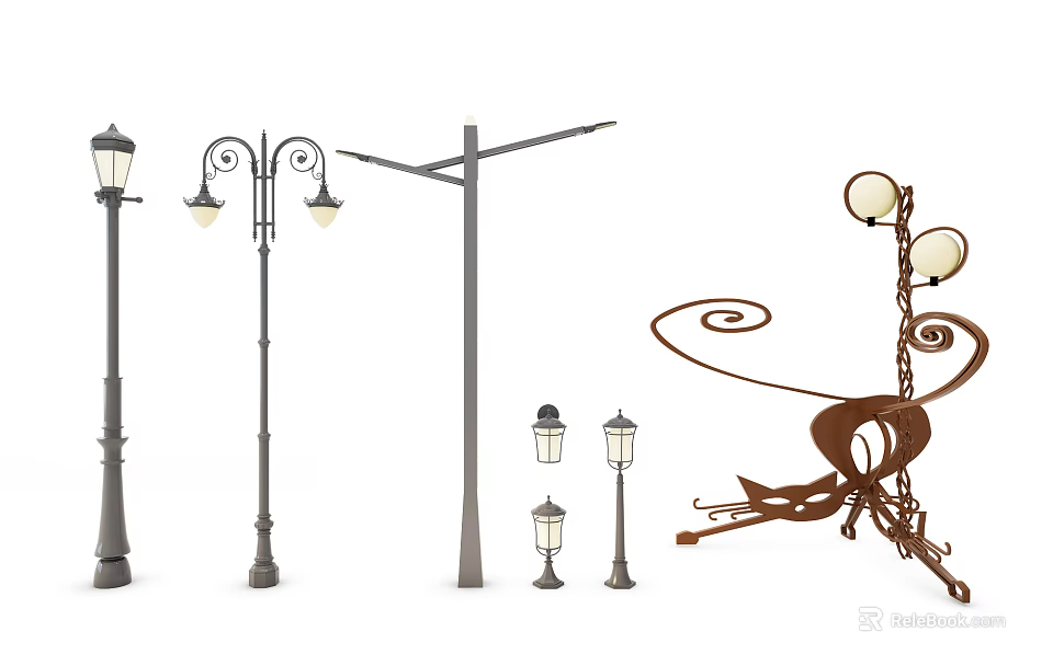 Various Designs of Outdoor Lights Including Street Lamps and Decorative Garden Luminaires 3d model 