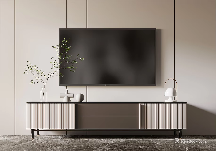 Modern TV Stand With TV Drawers Cabinets Green Plant Table Lamp And Decorative Items 3d model 