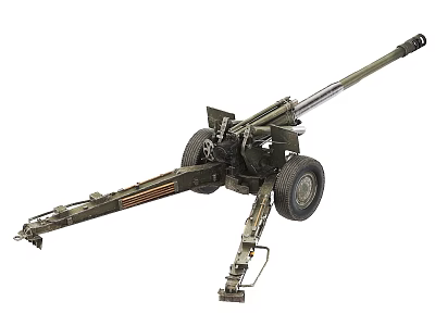 Military Towed Artillery Cannon With Long Barrel And Wheel Carriage Structure 3d model