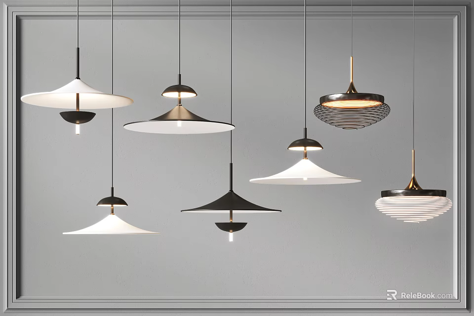 Modern Pendant Lights With Various Designs Metal Frames And White Shades 3d model
