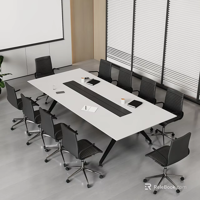 Modern Conference Table With White Top Black Center Strip Black Office Chairs And Window Blinds 3d model 