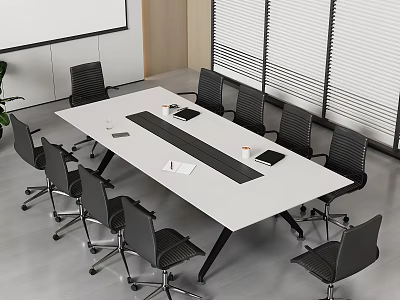 Modern Conference Table With White Top Black Center Strip Black Office Chairs And Window Blinds 3d model