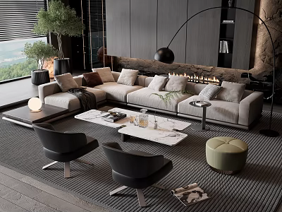 Modern Living Room Sofa and Coffee Table Set with Fireplace Green Stool Black Chairs 3d model