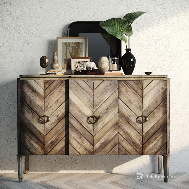 Rustic Wooden Console Cabinet With Herringbone Pattern Brass Handles And Decorative Vase Mirror Leaf 3d model