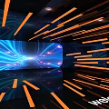 Futuristic Bar Interior With Time Tunnel Design Neon Lights And Reflective Floor