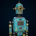 Vintage Blue Mechanical Robots With Jointed Limbs And Dashboard Details