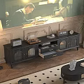 Vintage Black TV Stand With Glass Doors Storage And Decorative Ornaments On Retro Background