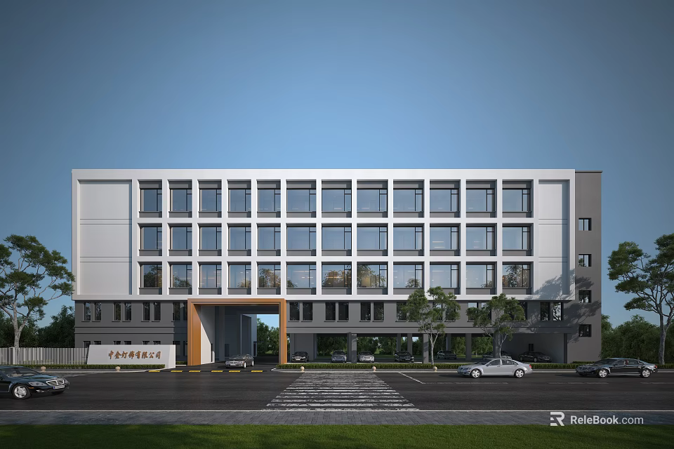 Modern Office Building Exterior With Large Glass Windows Parking Lot And Trees At Entrance Area 3d model 