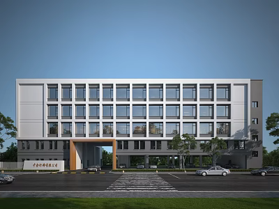 Modern Office Building Exterior With Large Glass Windows Parking Lot And Trees At Entrance Area 3d model