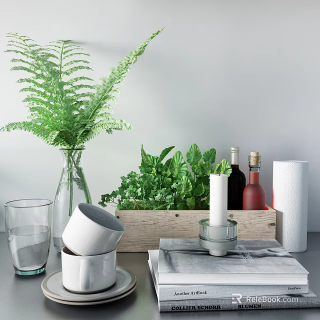 Decorative Ornaments Set with Green Plants Vase Candle and Wine Bottle in Wooden Tray 3d model 