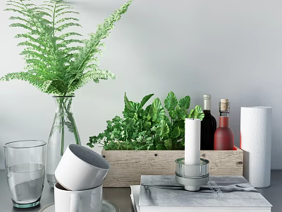 Decorative Ornaments Set with Green Plants Vase Candle and Wine Bottle in Wooden Tray 3d model