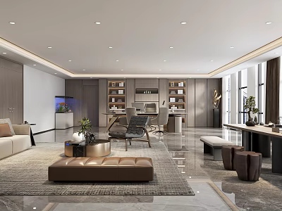 Modern Office Interior Design With Ergonomic Chair Wooden Desk And Floor To Ceiling Window 3d model