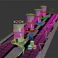 Industrial Cylindrical Devices Array on Platform With Cables Green Indicators and Stacked Containers