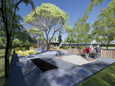 Garden Landscape Design With Lush Trees Yellow Seating And Paved Recreation Area 3d model