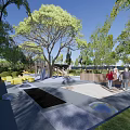 Garden Landscape Design With Lush Trees Yellow Seating And Paved Recreation Area