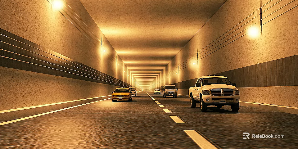 Road Facilities in Tunnel with Proper Lighting Marked Traffic Lanes and Moving Vehicles 3d model 