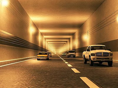 Road Facilities in Tunnel with Proper Lighting Marked Traffic Lanes and Moving Vehicles 3d model