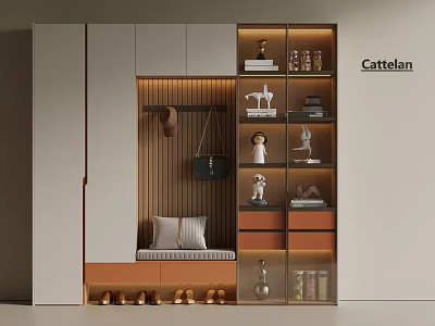 Modern Entrance Cabinet Design With Bench Hanger Hooks Display Shelves And Decorative Items 3d model
