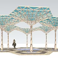 Modern Garden Landscape With Hexagonal Shading Structures Sunset And Human Figure 3d model
