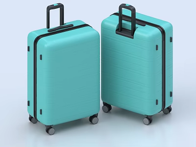 Two Light Blue Hard Shell Suitcases With Vertical Stripes Black Handles And Wheels 3d model