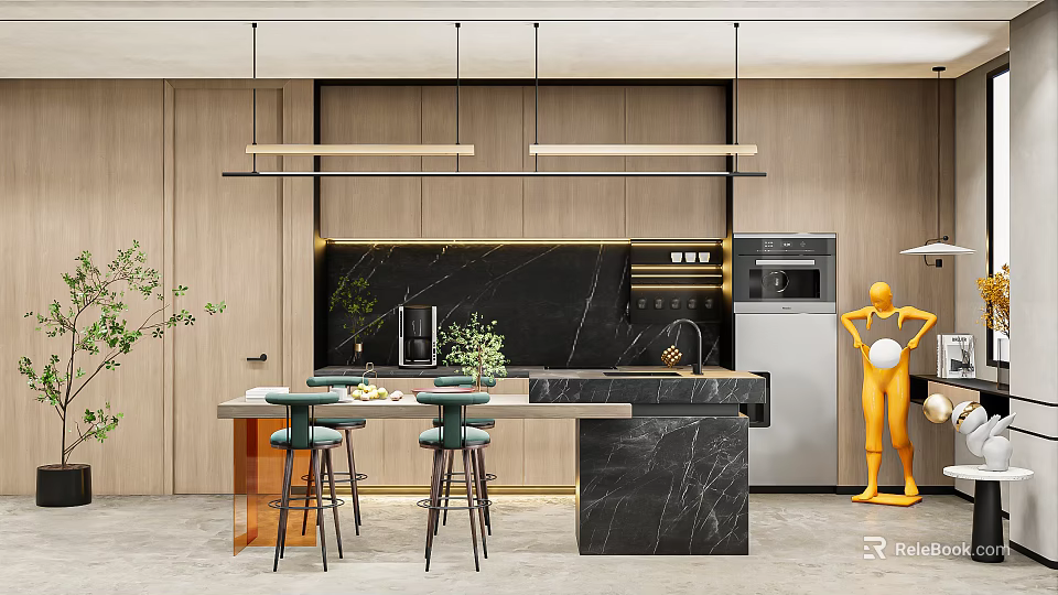 Modern Restaurant Interior Design With Hanging Pendant Lights Black Marble Countertop And Green Bar Stools 3d model 