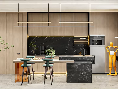 Modern Restaurant Interior Design With Hanging Pendant Lights Black Marble Countertop And Green Bar Stools 3d model