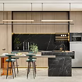 Modern Restaurant Interior Design With Hanging Pendant Lights Black Marble Countertop And Green Bar Stools