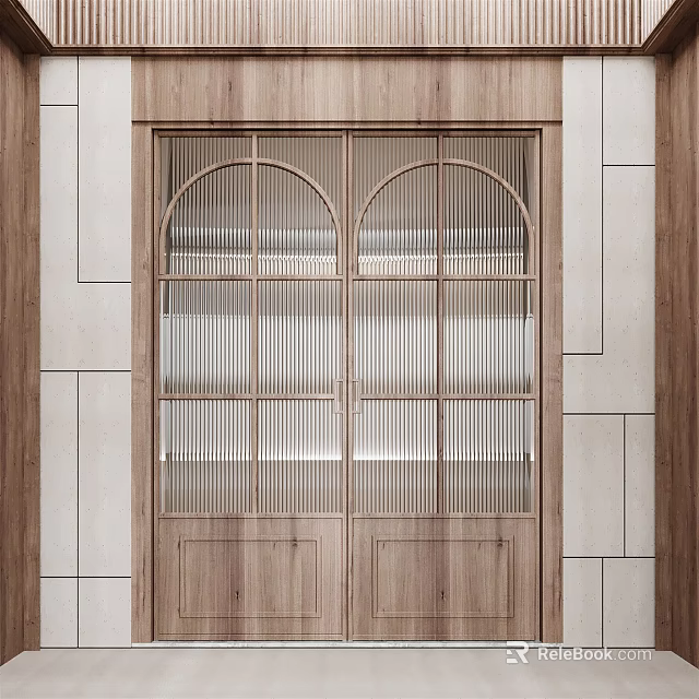 Modern Wooden Double Doors With Glass Panels And Arch Top Design 3d model 