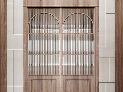 Modern Wooden Double Doors With Glass Panels And Arch Top Design 3d model