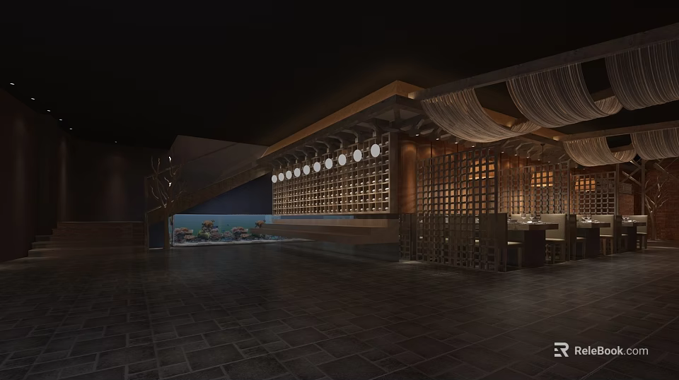 Elegant Modern Restaurant Interior With Warm Lighting And Wooden Decor Elements 3d model 
