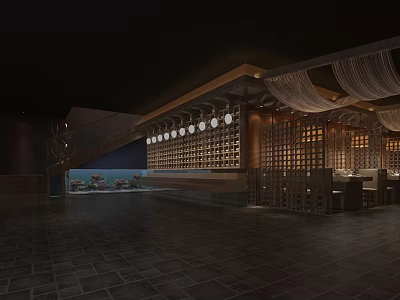 Elegant Modern Restaurant Interior With Warm Lighting And Wooden Decor Elements 3d model