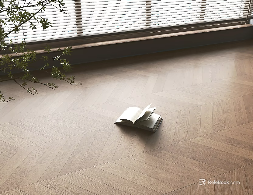 Herringbone Hardwood Flooring In Bright Room With Plant And Open Book 3d model 